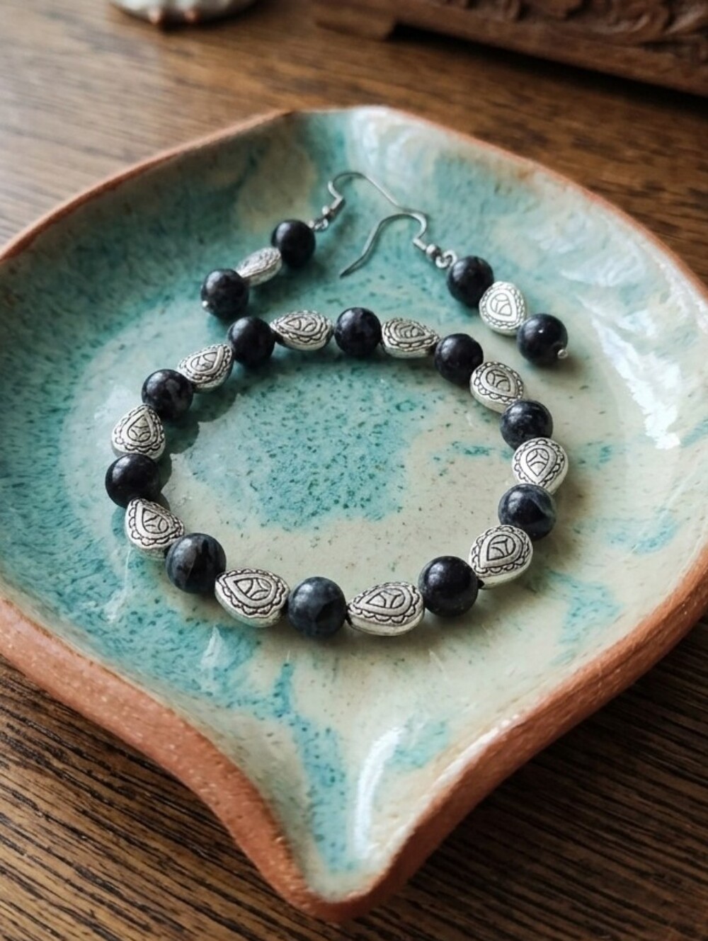 Handcrafted Black Glass Bead And Celtic Spacer Bracelet And Earring Set